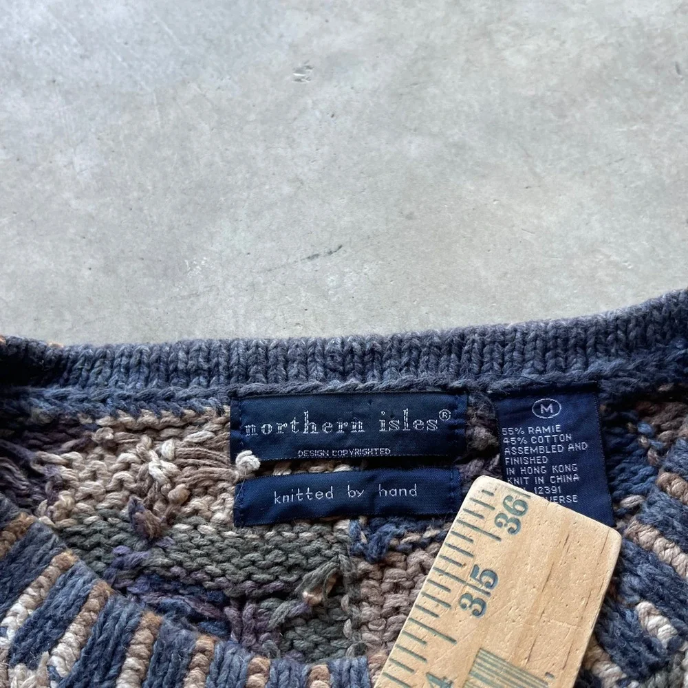 Northern Isles Vintage Hand Knitted Patchwork Sweater Blue Brown Tan Womens M - Picture 3 of 6